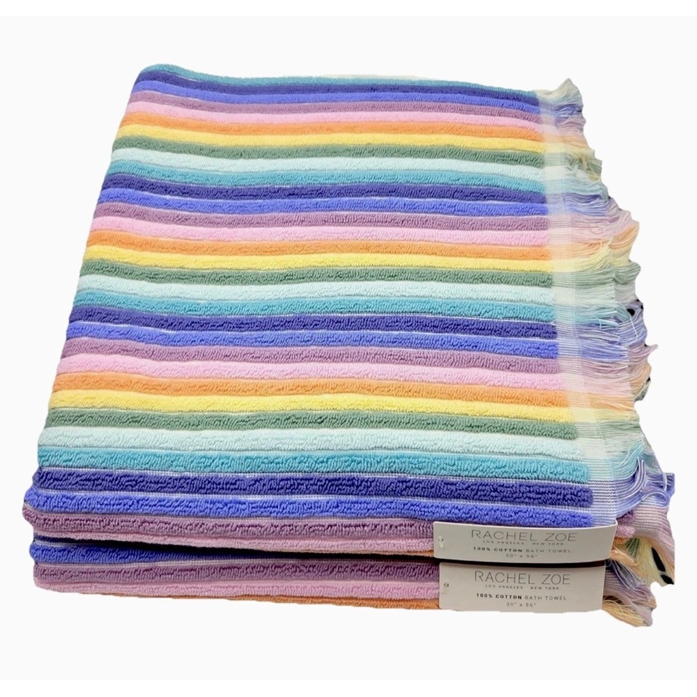 2 Rachel Zoe Plush Striped Rainbow Multicolored  30” x 56” Bath Towels New set 2